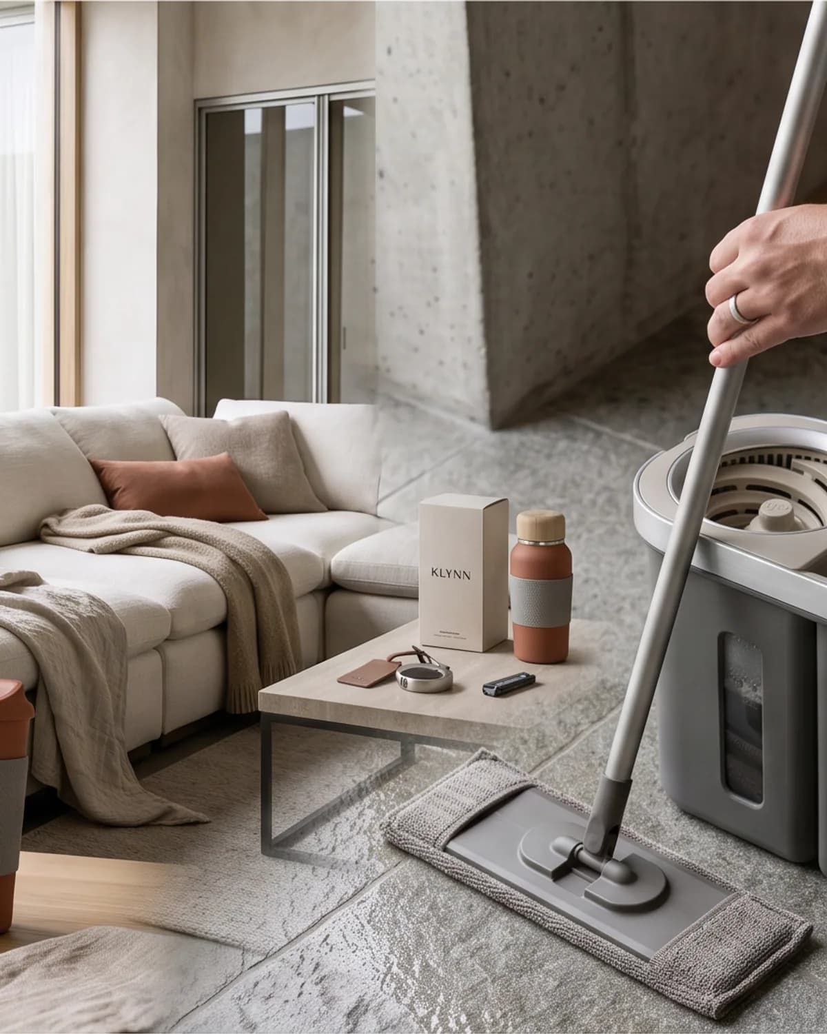 Escena de hogar KLYNN en vertical: sofá modular de lino, termos y botellas sobre una mesa y un sistema de limpieza de cubeta y mopa en uso — varias categorías cotidianas con una misma materialidad.