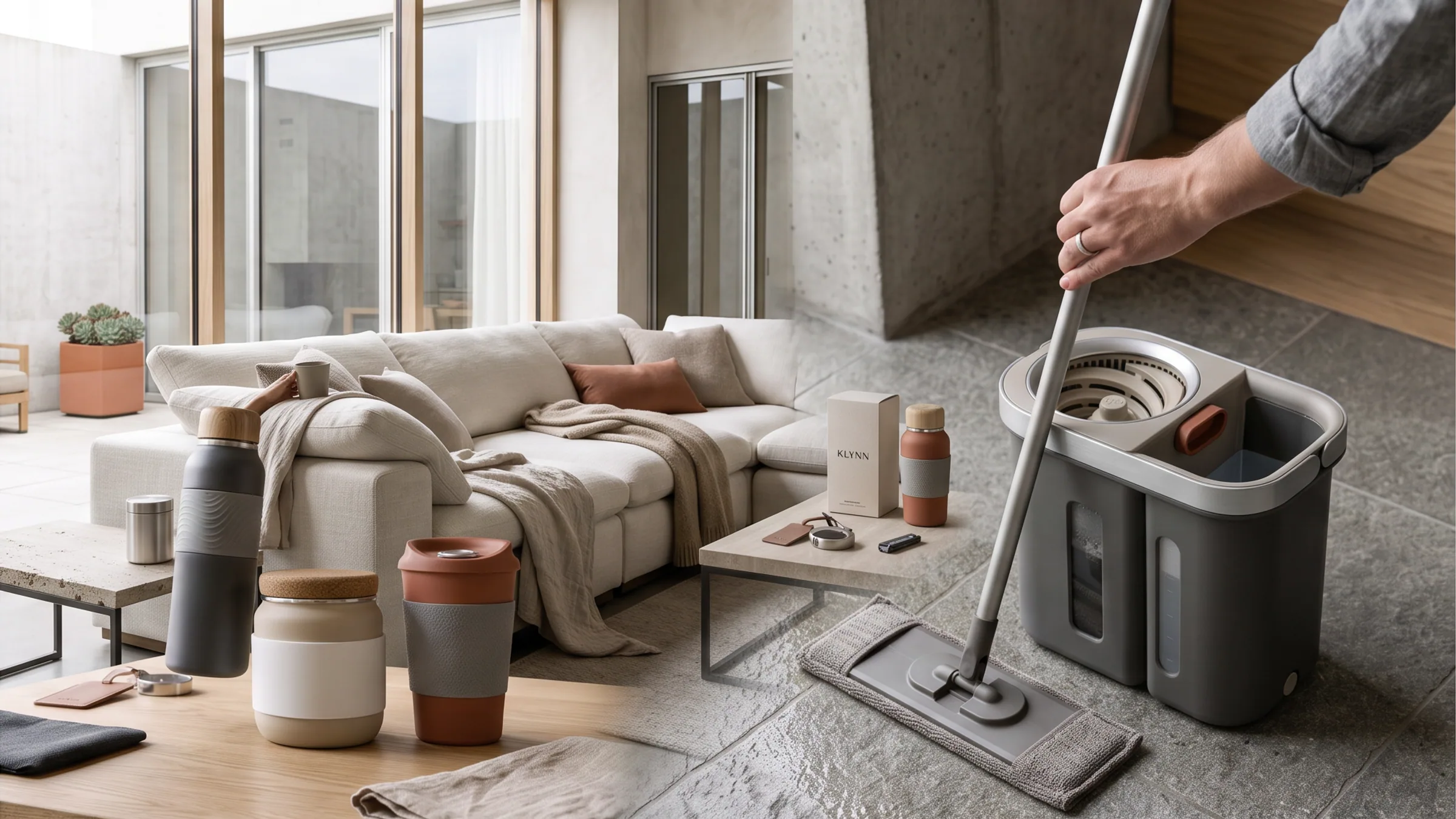 Escena de hogar KLYNN en luz cálida: familia de termos y botellas sobre una mesa, un sofá modular de lino y un sistema de limpieza de cubeta y mopa en uso — objetos cotidianos de distintas categorías bajo un mismo lenguaje de diseño.